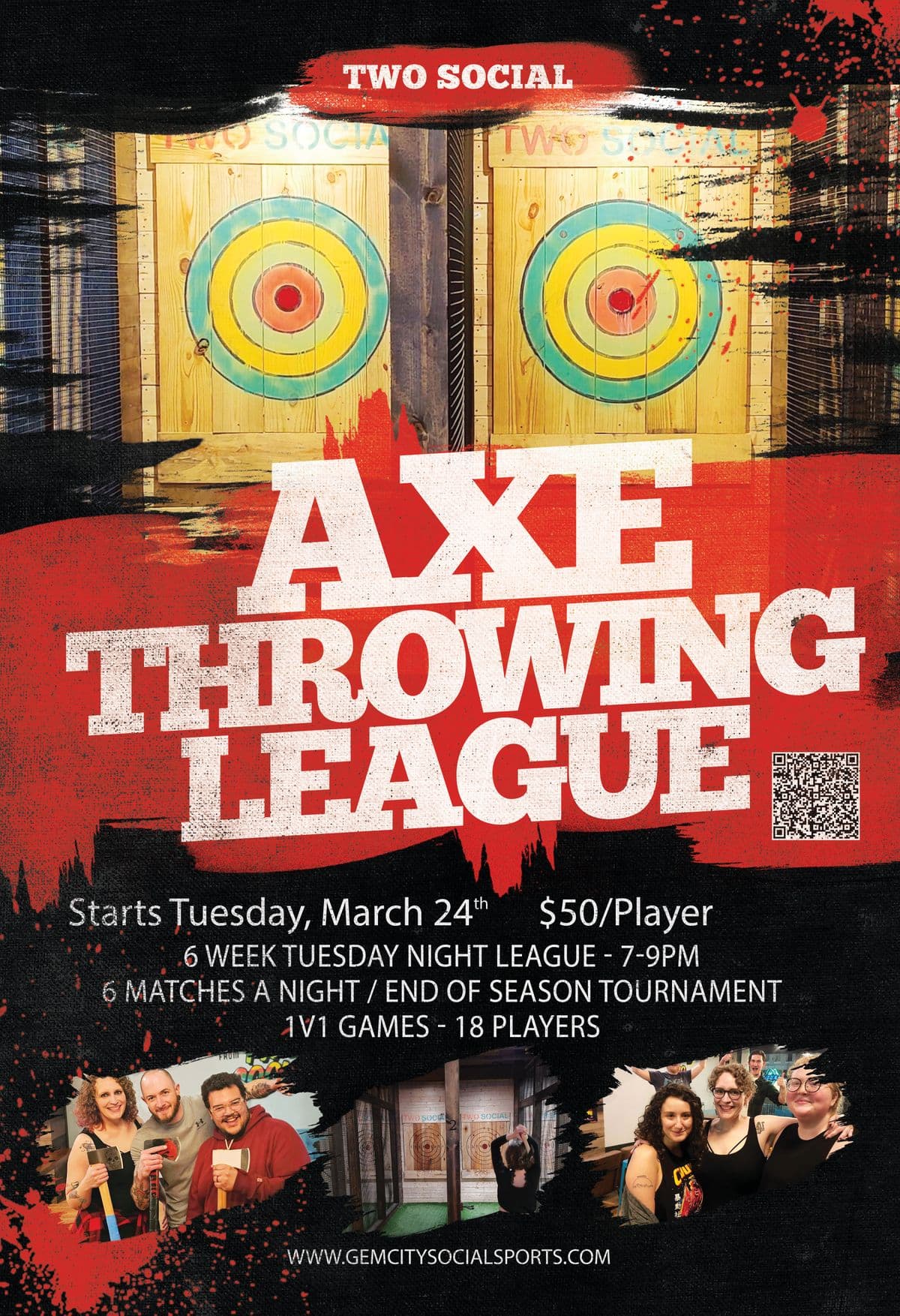 Spring Axe Throwing League in Dayton Ohio by Gem City Social Sports Dayton Axe Throwing League March 24th Gem City Social Sports Flyer