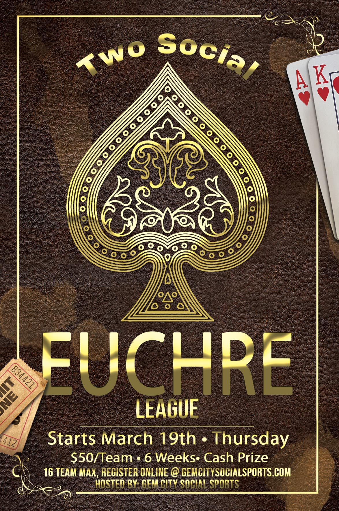 Gem City Social Sports Euchre League poster at Two Social starting March 19, 2026